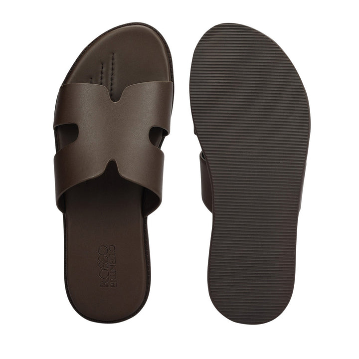 Coffee Plain Leather Slippers