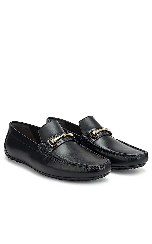 Black Leather Moccasins With Buckle