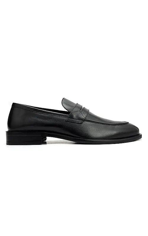 Black Plain Leather Loafers