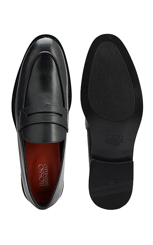Black Plain Leather Loafers
