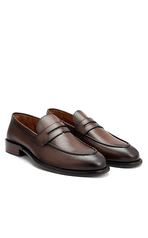 Brown Plain Leather Loafers