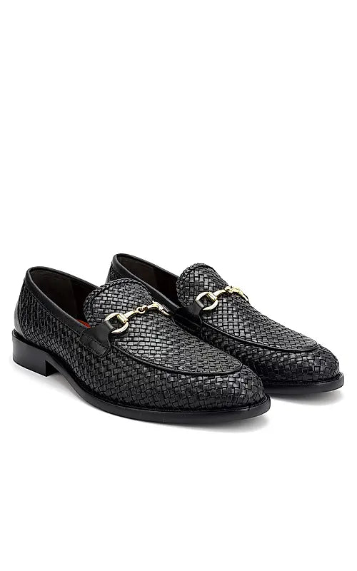 Black Textured Leather Loafers With Buckle