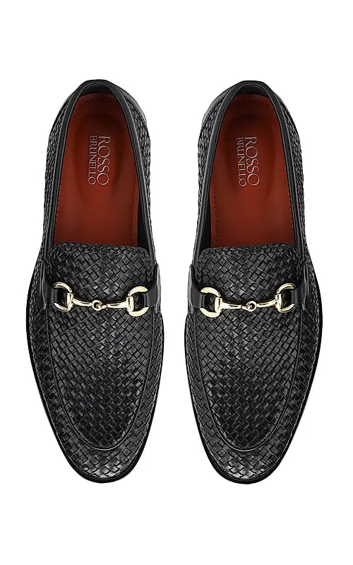 Black Textured Leather Loafers With Buckle