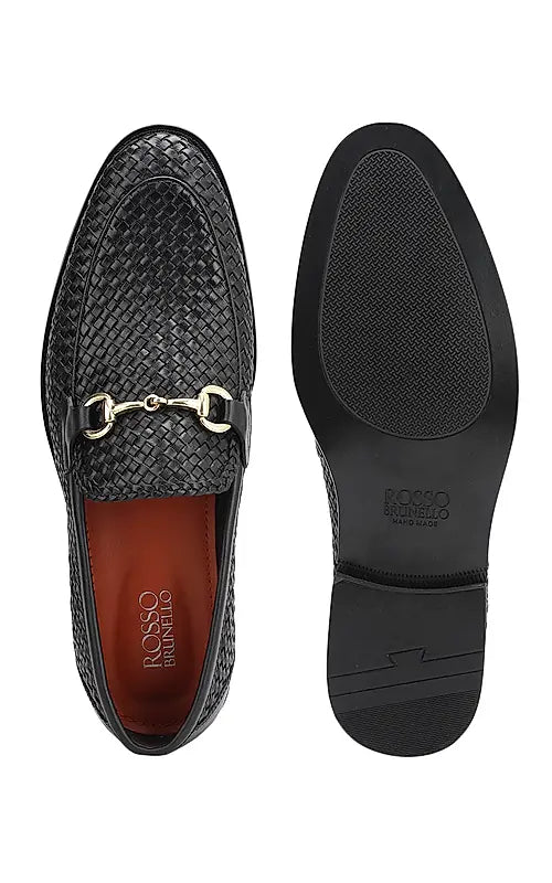 Black Textured Leather Loafers With Buckle