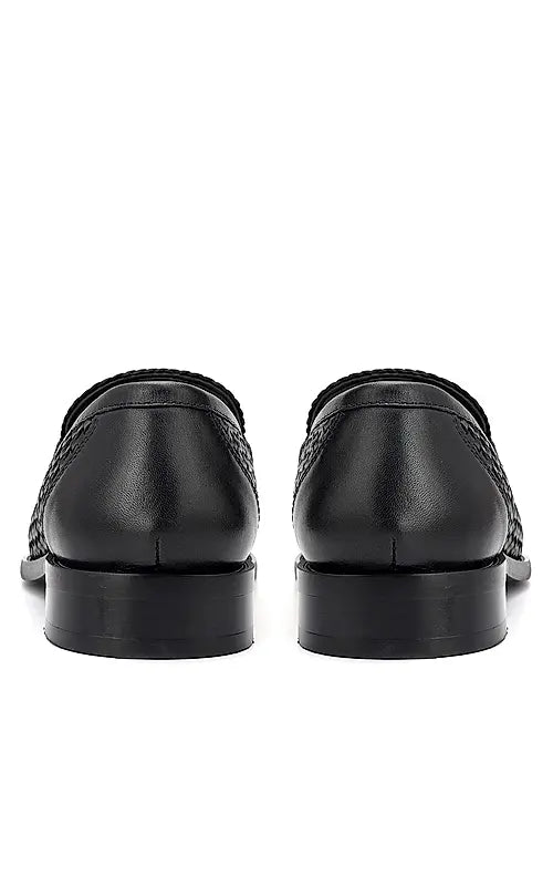 Black Textured Leather Loafers With Buckle