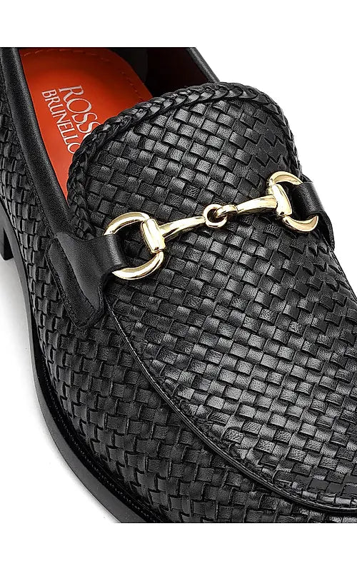 Black Textured Leather Loafers With Buckle