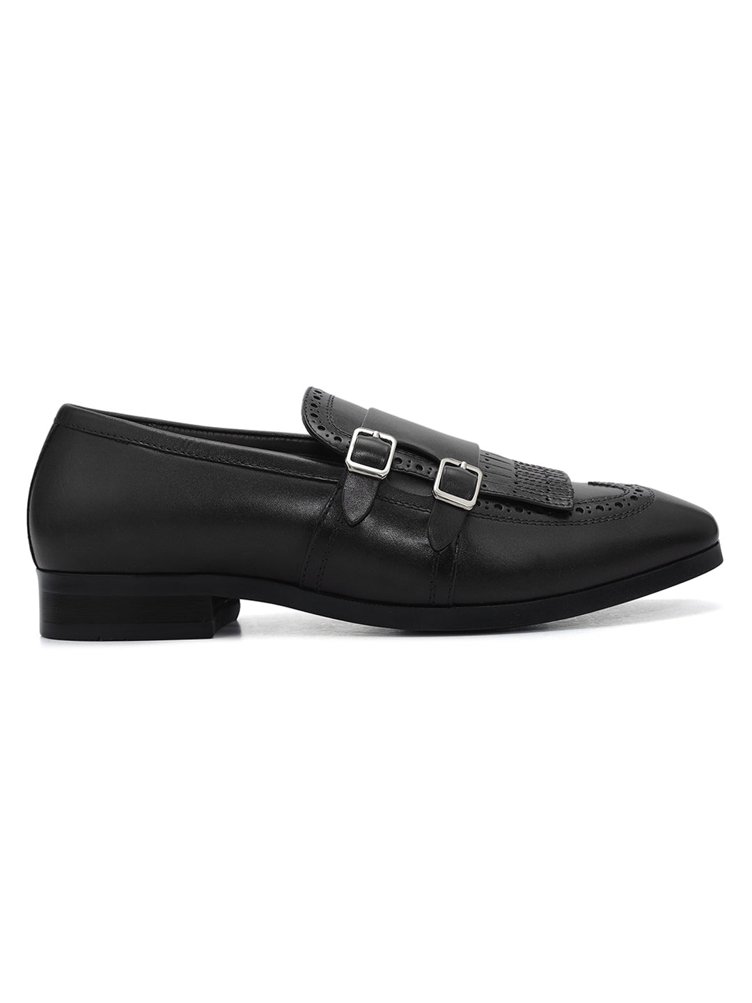 Black Brogue Monk Straps Shoes