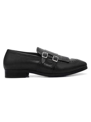 Black Brogue Monk Straps Shoes