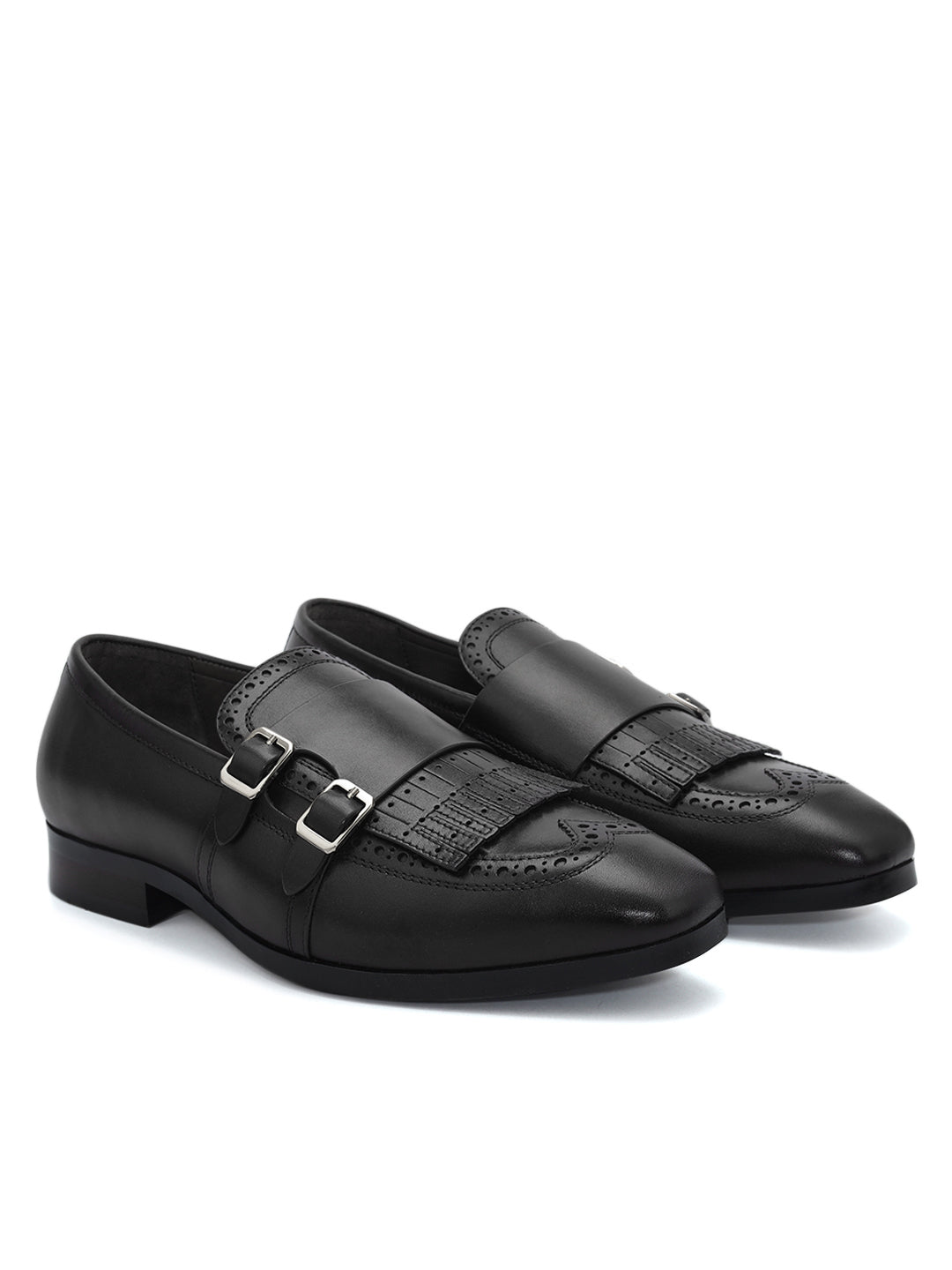 Black Brogue Monk Straps Shoes