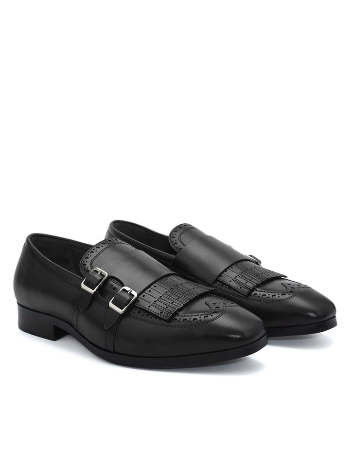 Black Brogue Monk Straps Shoes