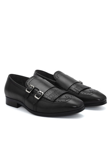 Black Brogue Monk Straps Shoes