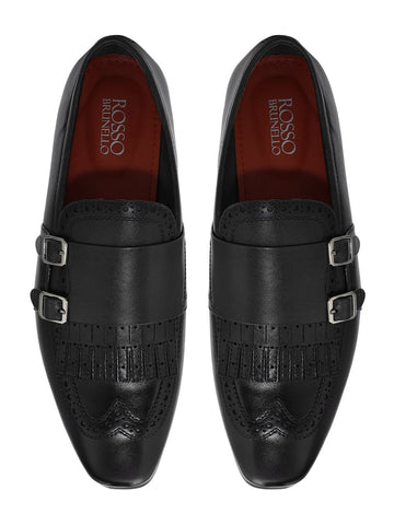 Black Brogue Monk Straps Shoes