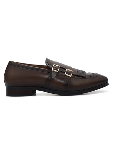 Brown Brogue Monk Straps Shoes
