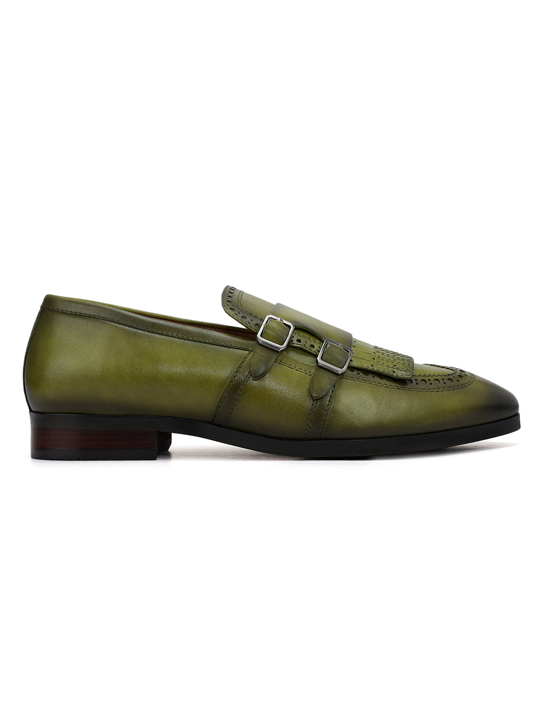 Green Brogue Monk Straps Shoes