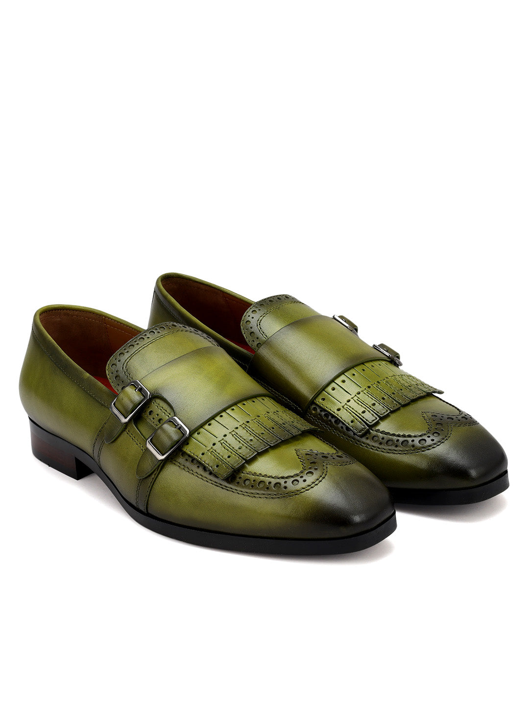 Green Brogue Monk Straps Shoes