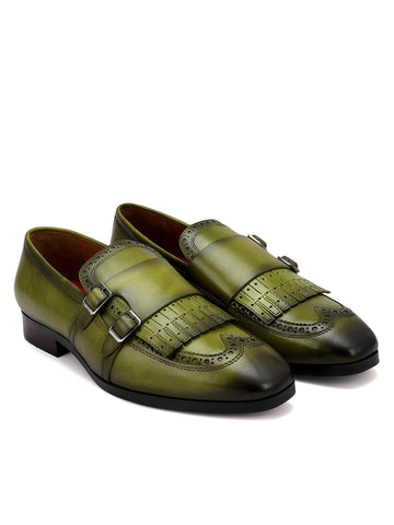Green Brogue Monk Straps Shoes