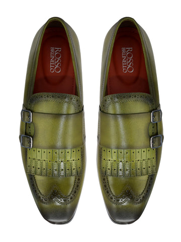 Green Brogue Monk Straps Shoes