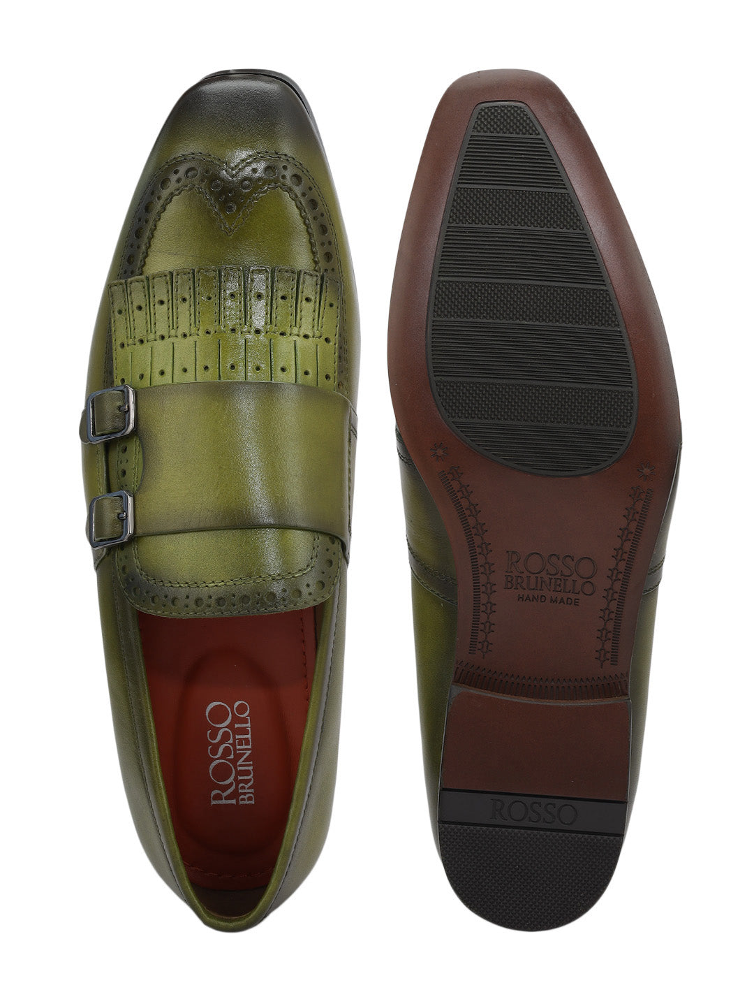 Green Brogue Monk Straps Shoes