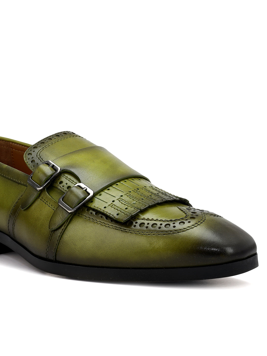 Green Brogue Monk Straps Shoes