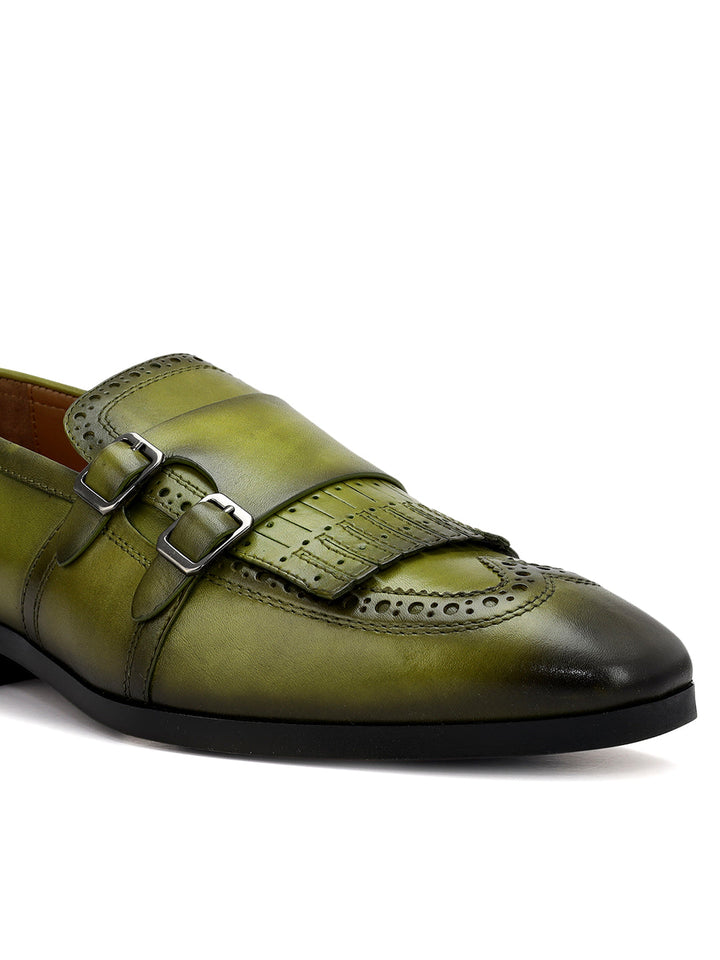 Green Brogue Monk Straps Shoes