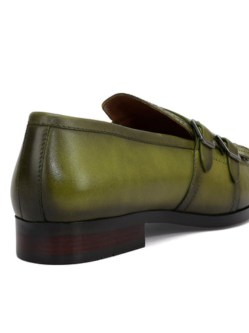Green Brogue Monk Straps Shoes