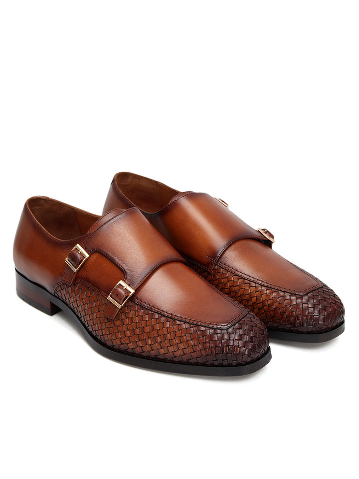Tan Woven Textured Monk Straps