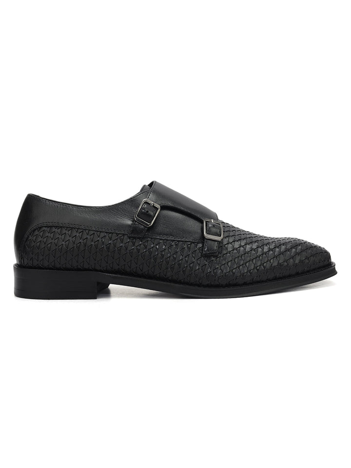 Black Textured Leather Monk Straps