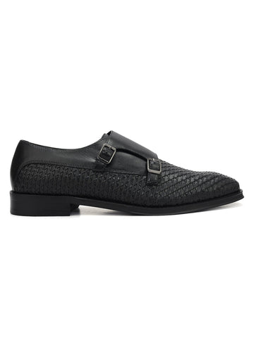 Black Textured Leather Monk Straps