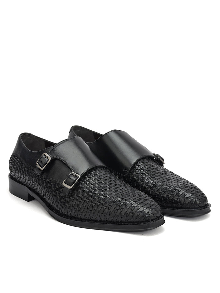 Black Textured Leather Monk Straps