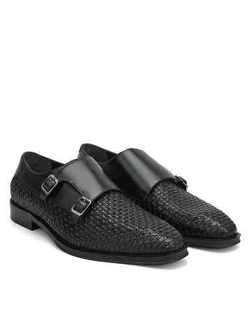 Black Textured Leather Monk Straps