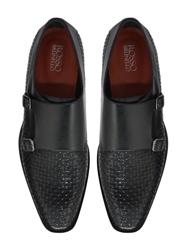 Black Textured Leather Monk Straps