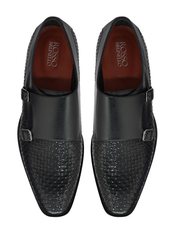 Black Textured Leather Monk Straps