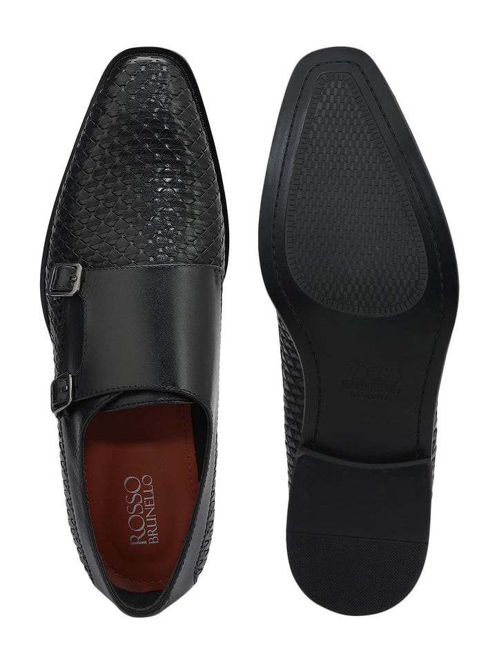 Black Textured Leather Monk Straps