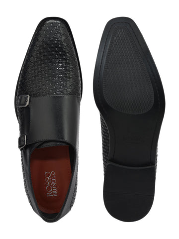 Black Textured Leather Monk Straps