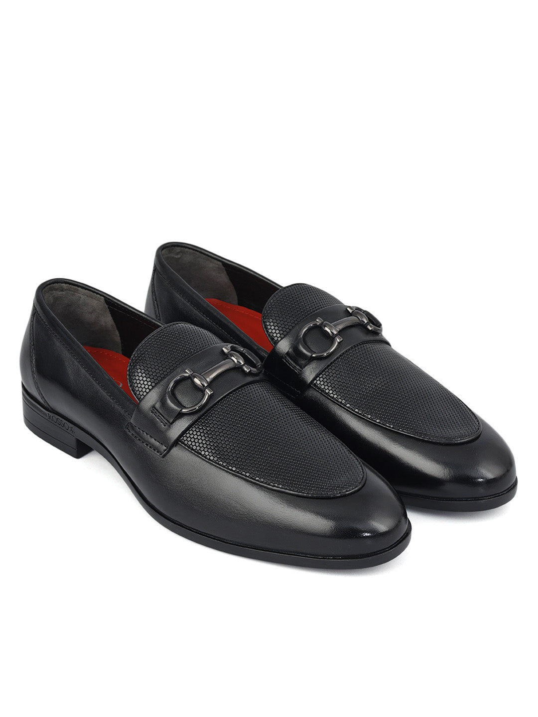 Black Mat Textured Loafers With Buckle