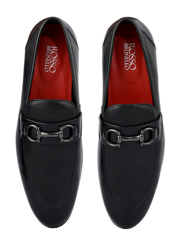 Black Mat Textured Loafers With Buckle