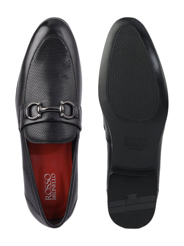 Black Mat Textured Loafers With Buckle