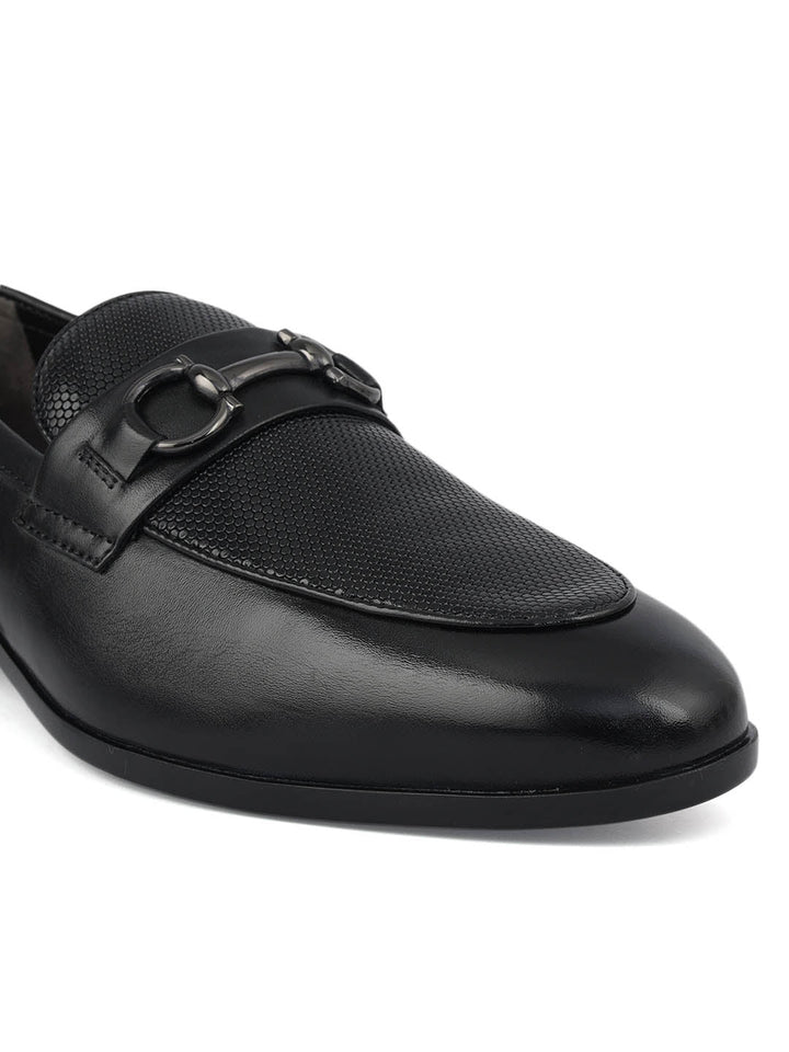 Black Mat Textured Loafers With Buckle