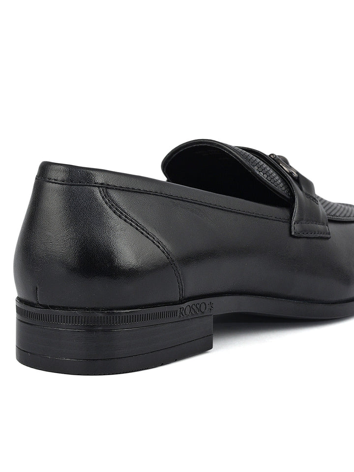 Black Mat Textured Loafers With Buckle