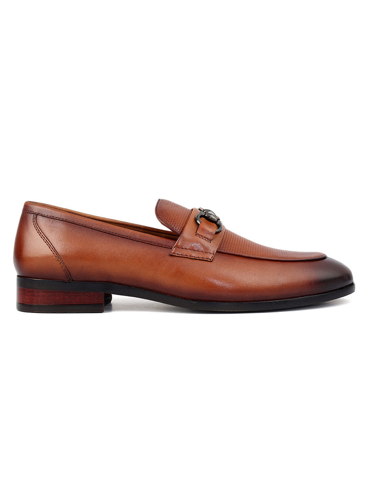 Tan Mat Textured Loafers With Buckle