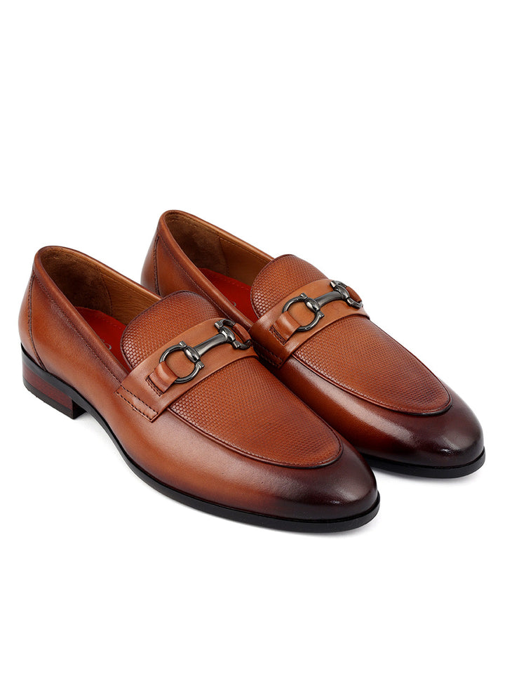 Tan Mat Textured Loafers With Buckle