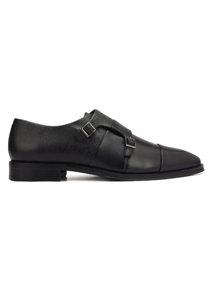 Black Textured Leather Double Monk Straps