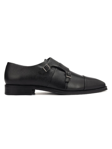 Black Textured Leather Double Monk Straps