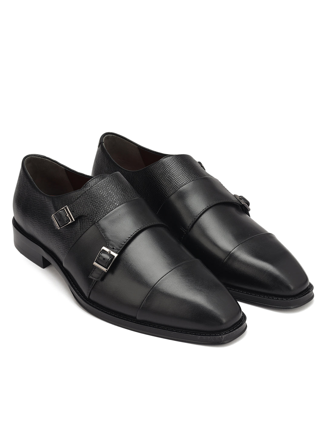 Black Textured Leather Double Monk Straps