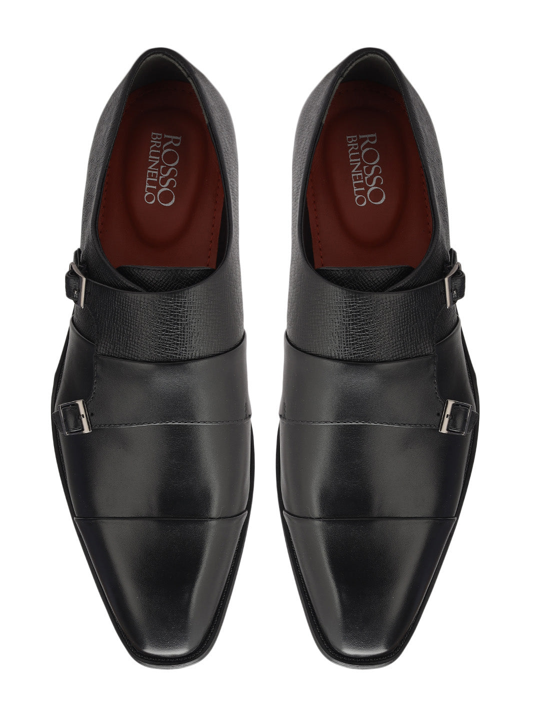 Black Textured Leather Double Monk Straps