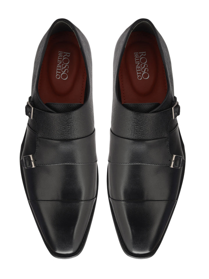 Black Textured Leather Double Monk Straps