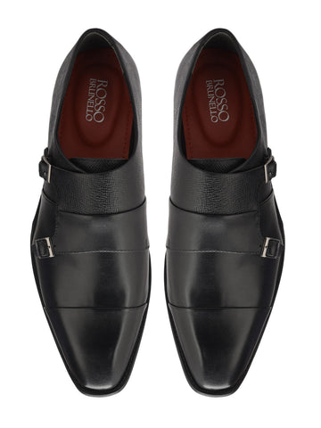 Black Textured Leather Double Monk Straps