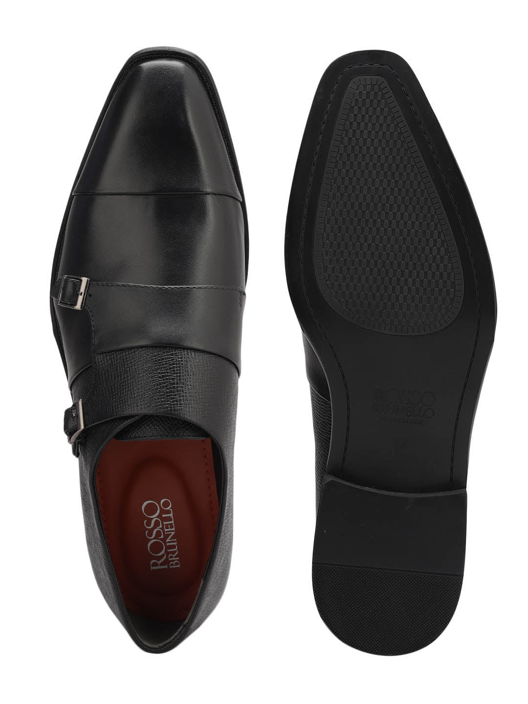 Black Textured Leather Double Monk Straps
