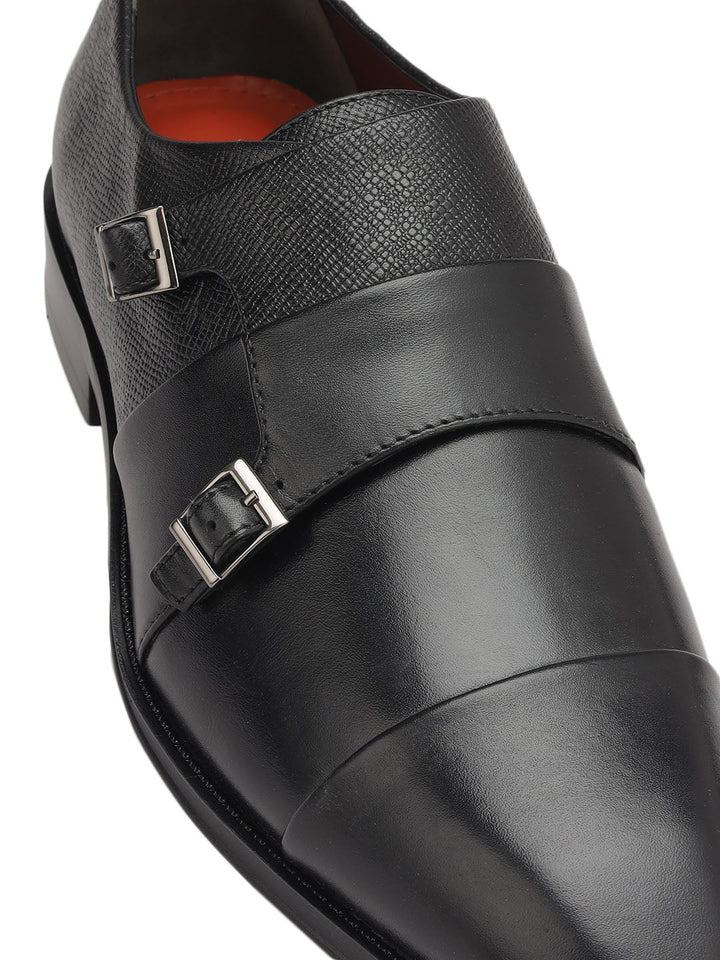Black Textured Leather Double Monk Straps