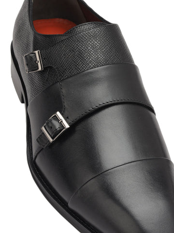 Black Textured Leather Double Monk Straps